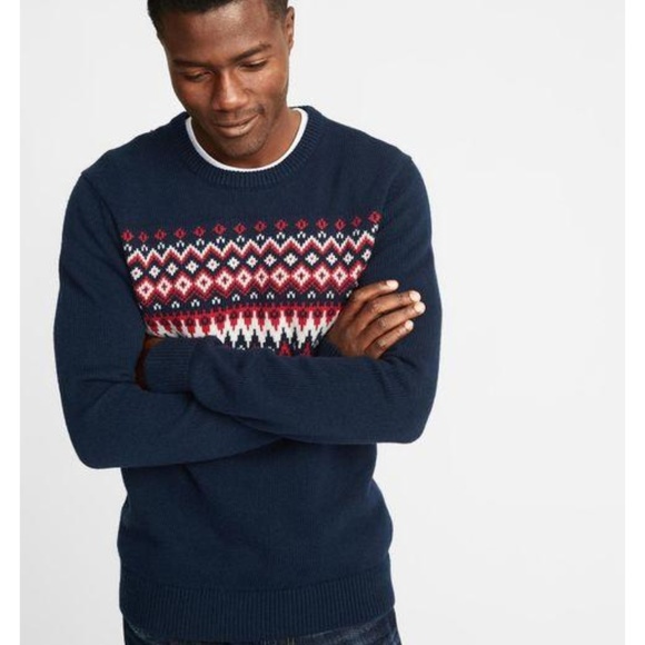 Old Navy Men's Blue Fair Isle Crew-neck Sweater - Picture 2 of 7